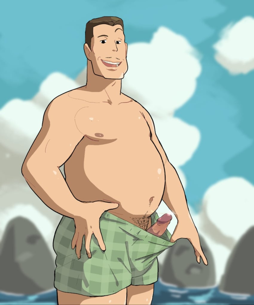 bara biceps big_penis bulge chubby clothing daddy dilf erection male male_only manly mature_male muscular_male ogino_akio pecs penis pinkmustacheguy precum spirited_away studio_ghibli