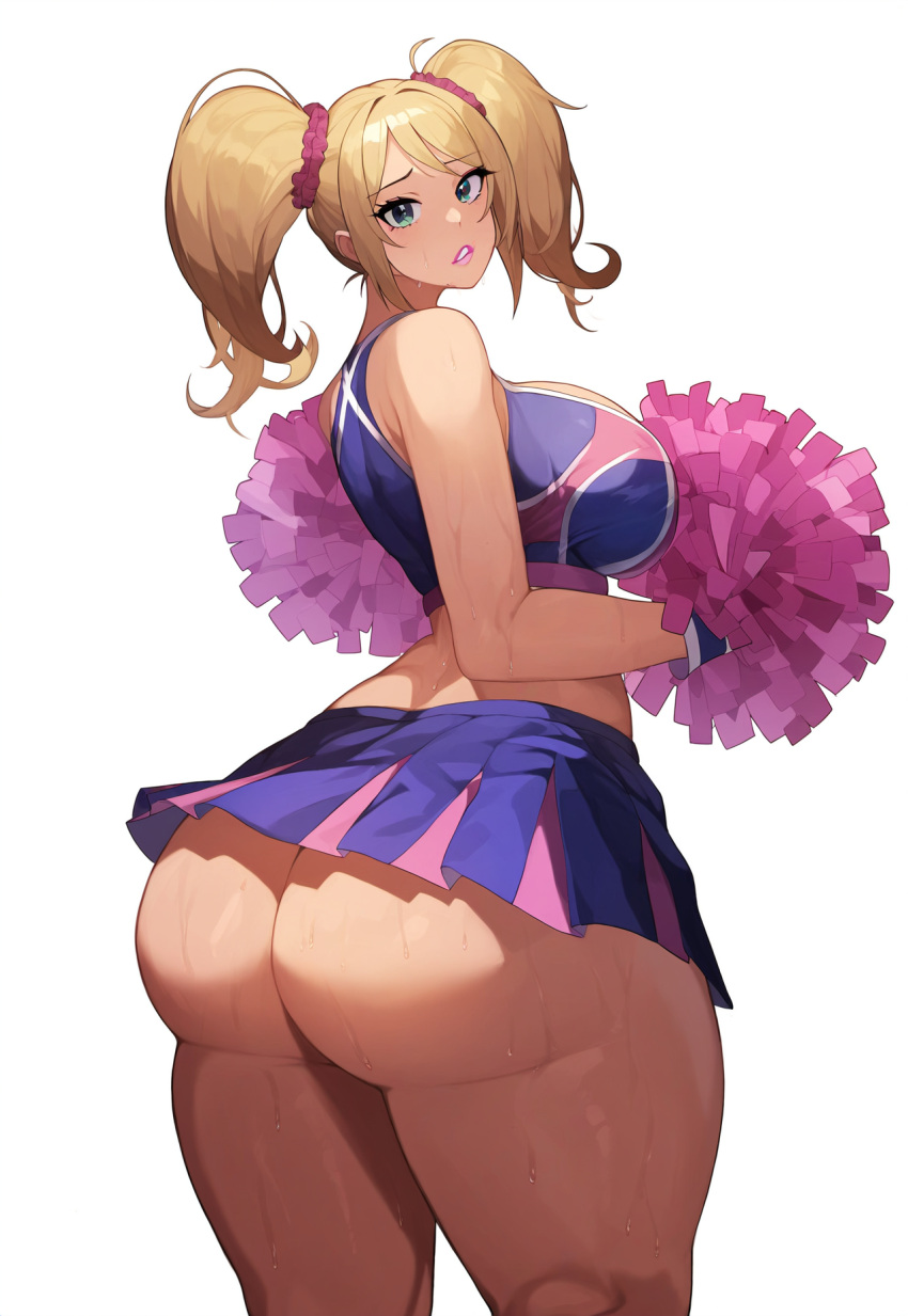 ai_generated ass blonde_hair blue_eyes cheerleader female female_focus female_only huge_breasts juliet_starling lipstick lollipop_chainsaw massive_ass pom_poms skirt thick_thighs thighs twintails wide_hips