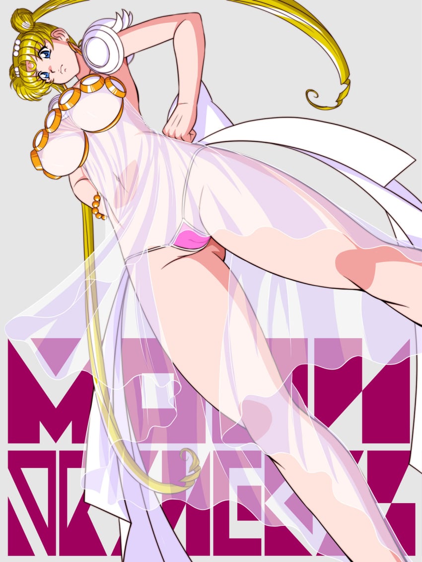 1girls 2d 2d_(artwork) almost_naked big_breasts bikini_bottom bishoujo_senshi_sailor_moon blonde_hair cameltoe clothing dress female female_only glamour_works huge_breasts large_breasts long_hair looking_down low-angle_view panties princess_serenity see-through see-through_clothing solo tagme twintails