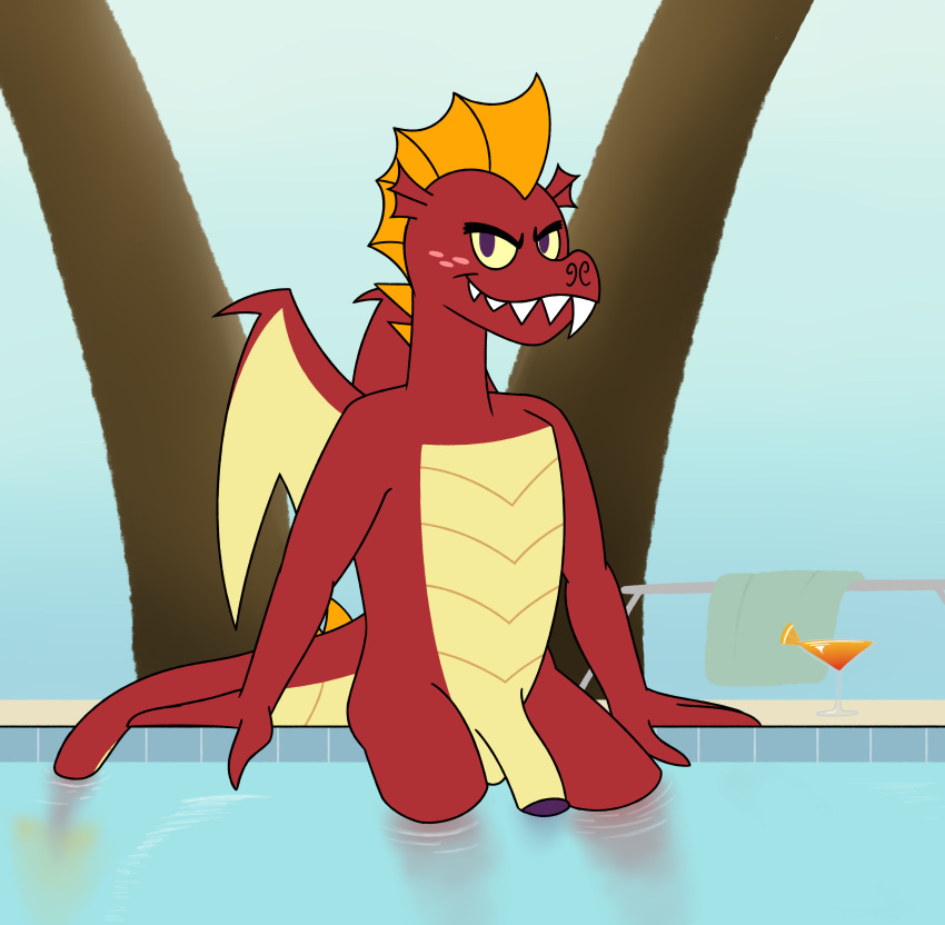 aaron_amethyst absurd_res alcohol anthro beverage dragon fangs flaccid freckles friendship_is_magic garble_(mlp) genitals hasbro hi_res looking_at_viewer male my_little_pony mythological_creature mythological_scalie mythology penis pool red_body scalie sitting smile solo teeth wings