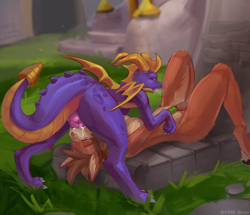 activision anthro blurred_background bodily_fluids brown_body chilldog cum cum_in_mouth cum_inside deep_throat detailed_background dragon duo elora female feral genital_fluids hi_res male male/female mythological_creature mythological_scalie mythology oral oral_penetration penetration penis purple_body scalie spyro spyro_the_dragon