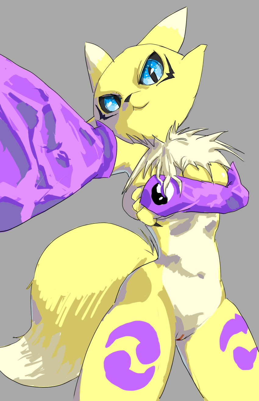 3_fingers anthro bandai_namco big_tail black_sclera breast_squeeze breasts clothing digimon digimon_(species) dwelne female fingers genitals gloves handwear hi_res looking_at_viewer mammal nails pussy renamon selfie sharp_nails snout solo squeezing tail tattoo yellow_body