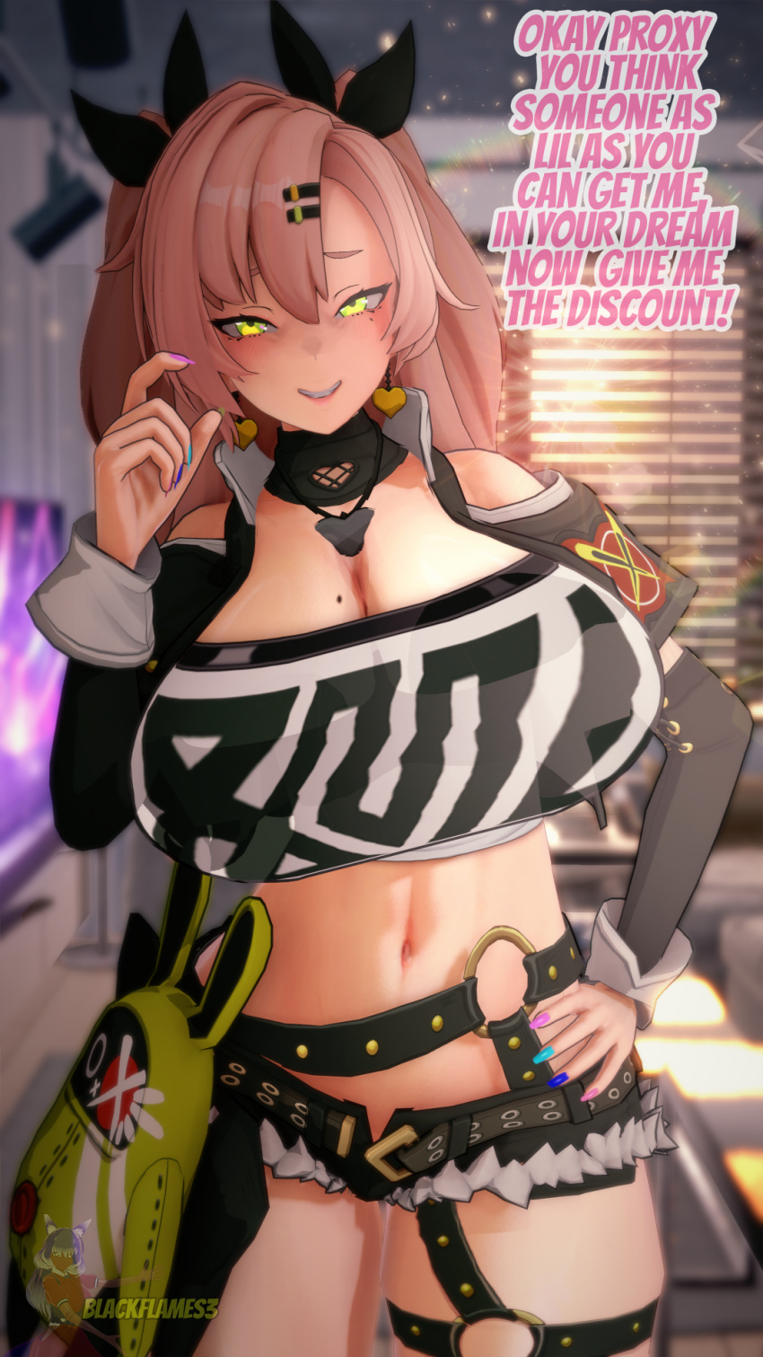 1girls 3d big_breasts blackflames3 breasts busty curvaceous curvy curvy_body curvy_female curvy_figure english english_text female green_eyes hand_on_hip huge_breasts large_breasts mihoyo mole mole_on_breast mole_under_eye nail_polish nicole_demara pink_hair text voluptuous zenless_zone_zero