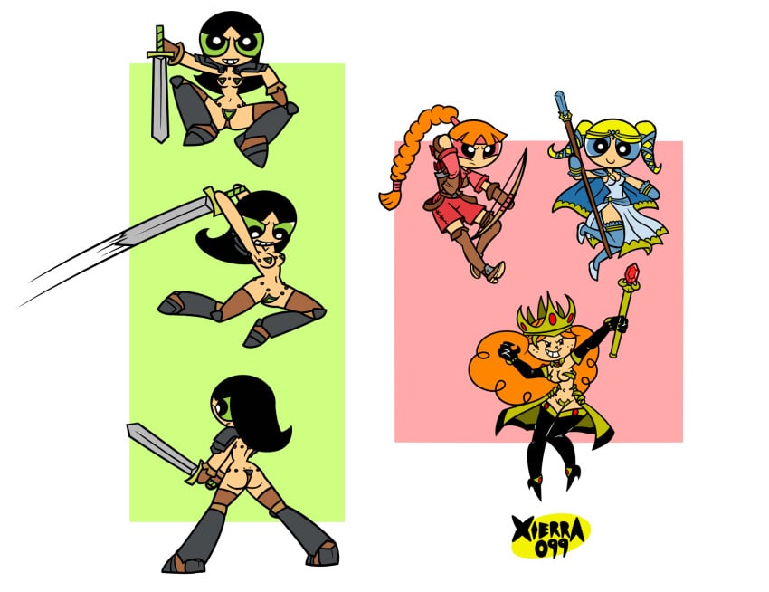 4girls armor armwear ass bangs belly_button black_hair blonde_hair blossom_(powerpuff_girls) blue_eyes boots bow_(weapon) breasts bubbles_(powerpuff_girls) butt buttercup_(powerpuff_girls) cape crown dress female female_only freckles gloves green_eyes half-dressed half_naked half_nude human human_only light-skinned_female light_skin long_hair multiple_girls navel navel_piercing orange_hair pale-skinned_female pale_skin partially_clothed partially_naked partially_nude piercing pink_eyes ponytail powerpuff_girls princess_morbucks rear_view shirt shoes shorts siblings sisters sorceress stockings superheroine sword thong twintails wand xierra099