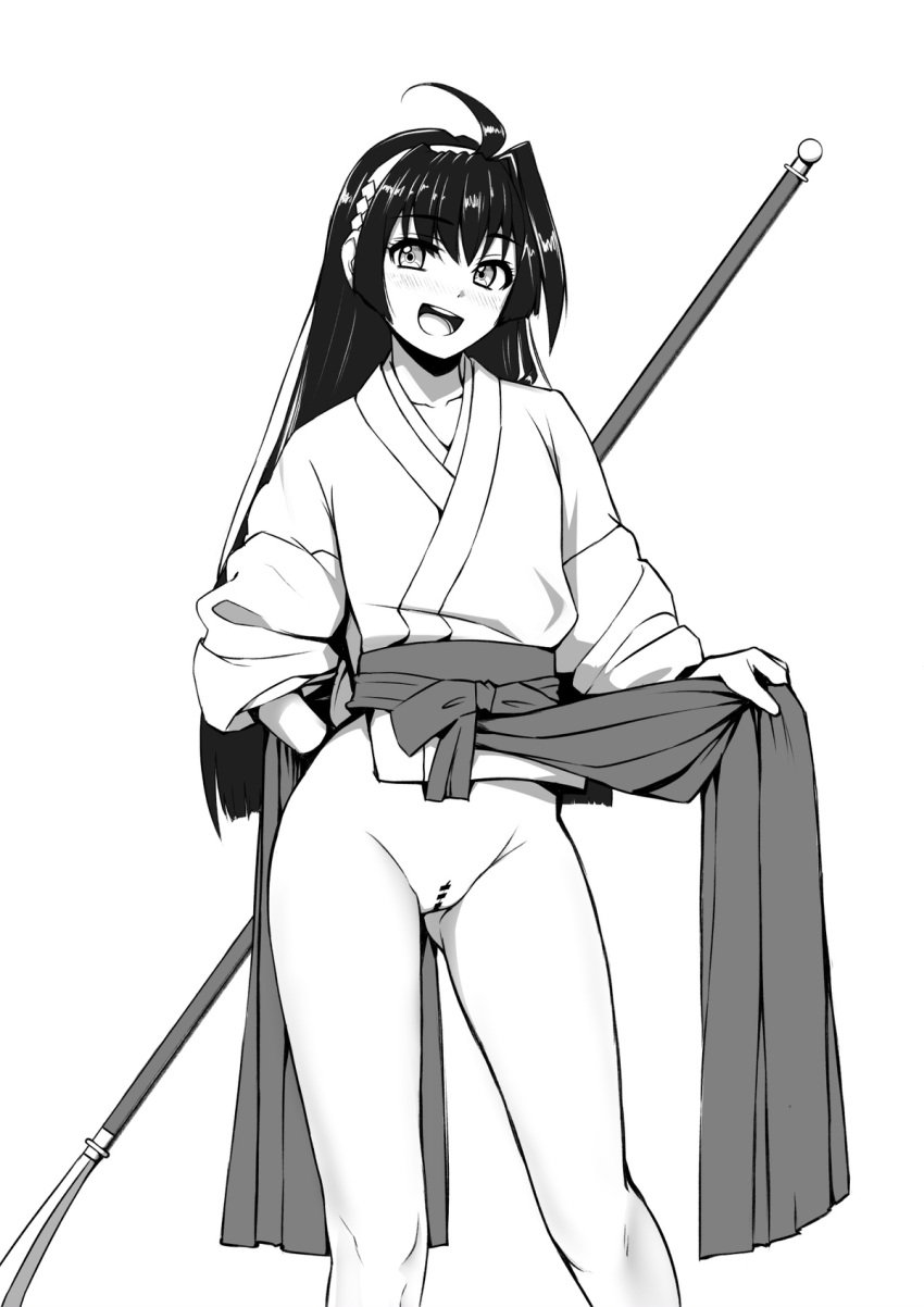 :d aegis_(nerocc) ahoge ass_visible_through_thighs bar_censor blush censored clothes_lift feet_out_of_frame female first_porn_of_character greyscale hairband hakama_lift highres holding holding_polearm holding_weapon japanese_clothes kimono lifting_own_clothes long_sleeves looking_at_viewer mochizuki_ayako monochrome naginata nige_jouzu_no_wakagimi no_panties open_mouth polearm pussy simple_background smile solo standing the_elusive_samurai weapon white_background