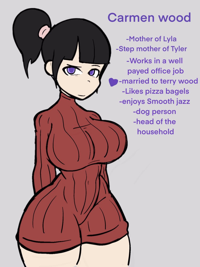 1girls big_breasts big_hips black_hair carmen_woods ghastlypann grey_background milf only_female ponytail purple_eyes red_sweater smiling sweater wife
carmen_woods