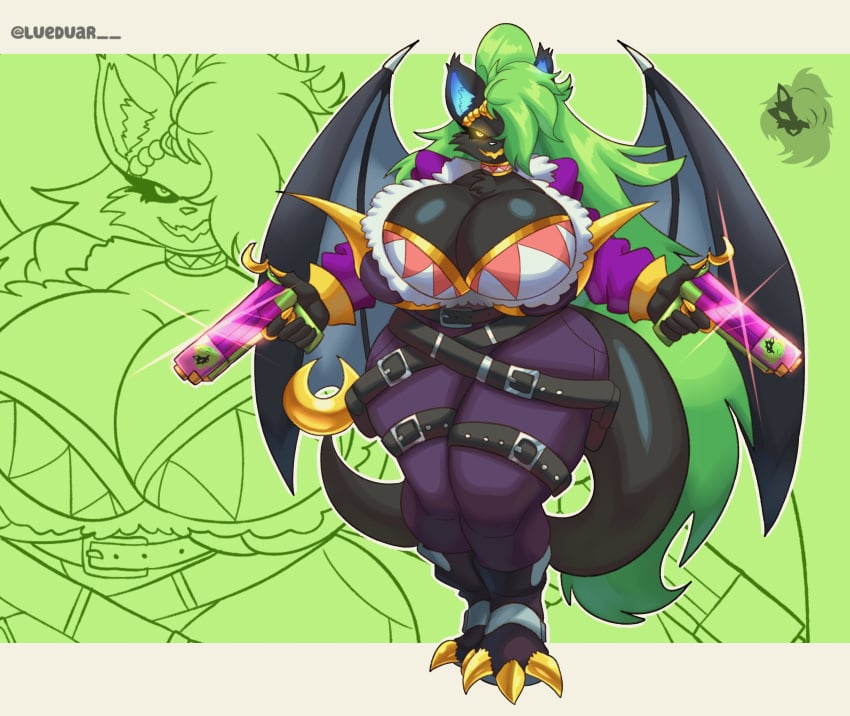 2024 anthro big_breasts boobs_and_butt_pose boobs_bang breast_expansion breast_squeeze breasts crown demon fangs female fortnite friday_night_funkin fusion green_hair gun highwire_(fortnite) lueduar lueduartv midnight_(friday_night_funkin) reference saliva skirt_lift sweat tail tongue tongue_out wings