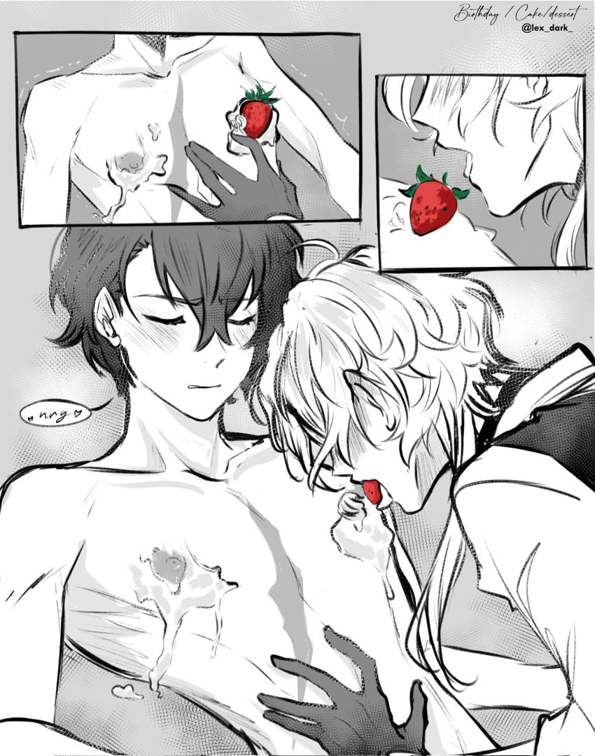 birthday birthday_cake birthday_sex bsd bungo_stray_dogs bungou_stray_dogs chest_scar chuuya_nakahara closed_eyes dazai_osamu food food_play foodplay fruit gay imminent_sex intimate kissing lex_dark licking male_only nakahara_chuuya nipple_play osamu_dazai scar soukoku strawberry whipped_cream yaoi