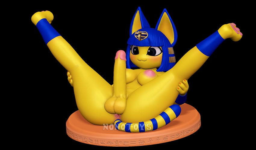 3d_(artwork) 3d_modeling 3d_print animal_crossing ankha_(animal_crossing) anthro anus balls black_background blue_hair breasts digital_media_(artwork) erection felid feline genitals gynomorph hair hi_res intersex leg_grab looking_straight makeup mammal markings nintendo nipples nonotoys pawpads penis simple_background smile solo stage striped_markings striped_tail stripes tail tail_markings yellow_body