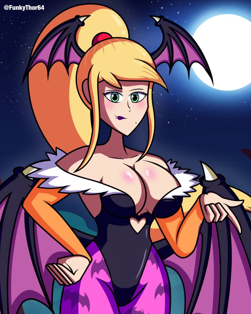 aqua_eyes bat_wings blonde_hair breasts capcom cleavage cosplay crossover curvaceous darkstalkers female funkythor64 hand_on_hip inviting large_breasts leotard lipstick long_hair metroid mole moon morrigan_aensland morrigan_aensland_(cosplay) night nintendo pantyhose ponytail revealing_clothes samus_aran seductive seductive_look seductive_smile skimpy_clothes solo tagme wings