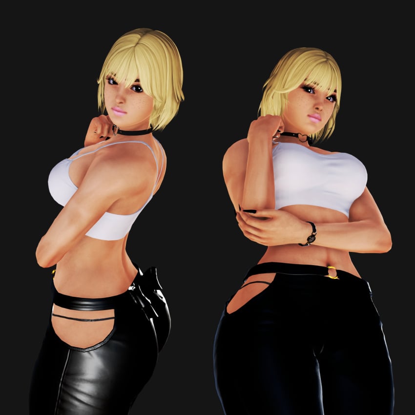 3d abs ass big_ass big_breasts bimbo blonde_hair camisole choker cleavage cute fake_breasts fake_nails freckles g-string honey_select ihateasuka implants leather leather_pants lipstick long_nails makeup mature_female milf original_character posing short_hair simple_background studio_neo thick_eyebrows watch