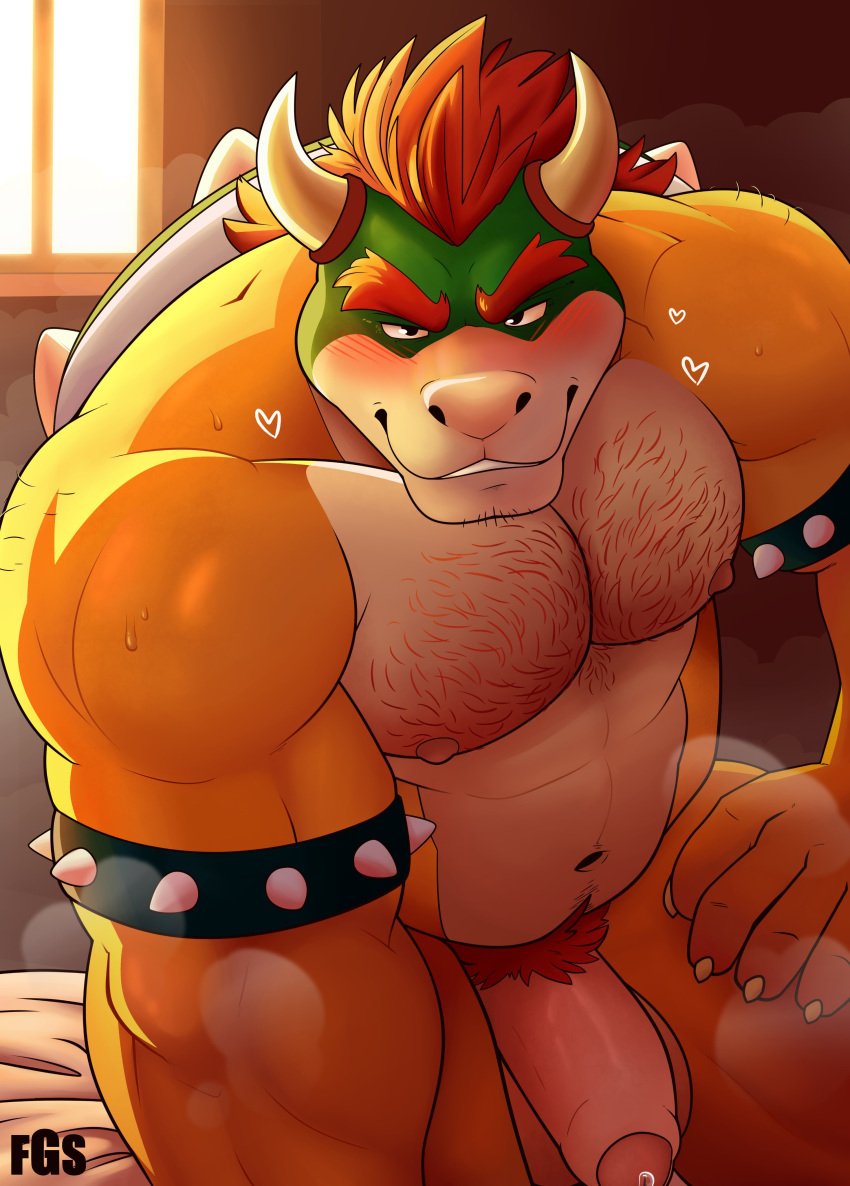 absurd_res arm_hair blush bodily_fluids body_hair bowser chest_hair digital_drawing_(artwork) digital_media_(artwork) fletchersheperd foreskin genital_fluids genitals glans hair heart_symbol hi_res koopa looking_at_viewer male male_only mario_(series) muscular muscular_male navel nintendo nipples penis precum pubes scalie solo steam steaming_body