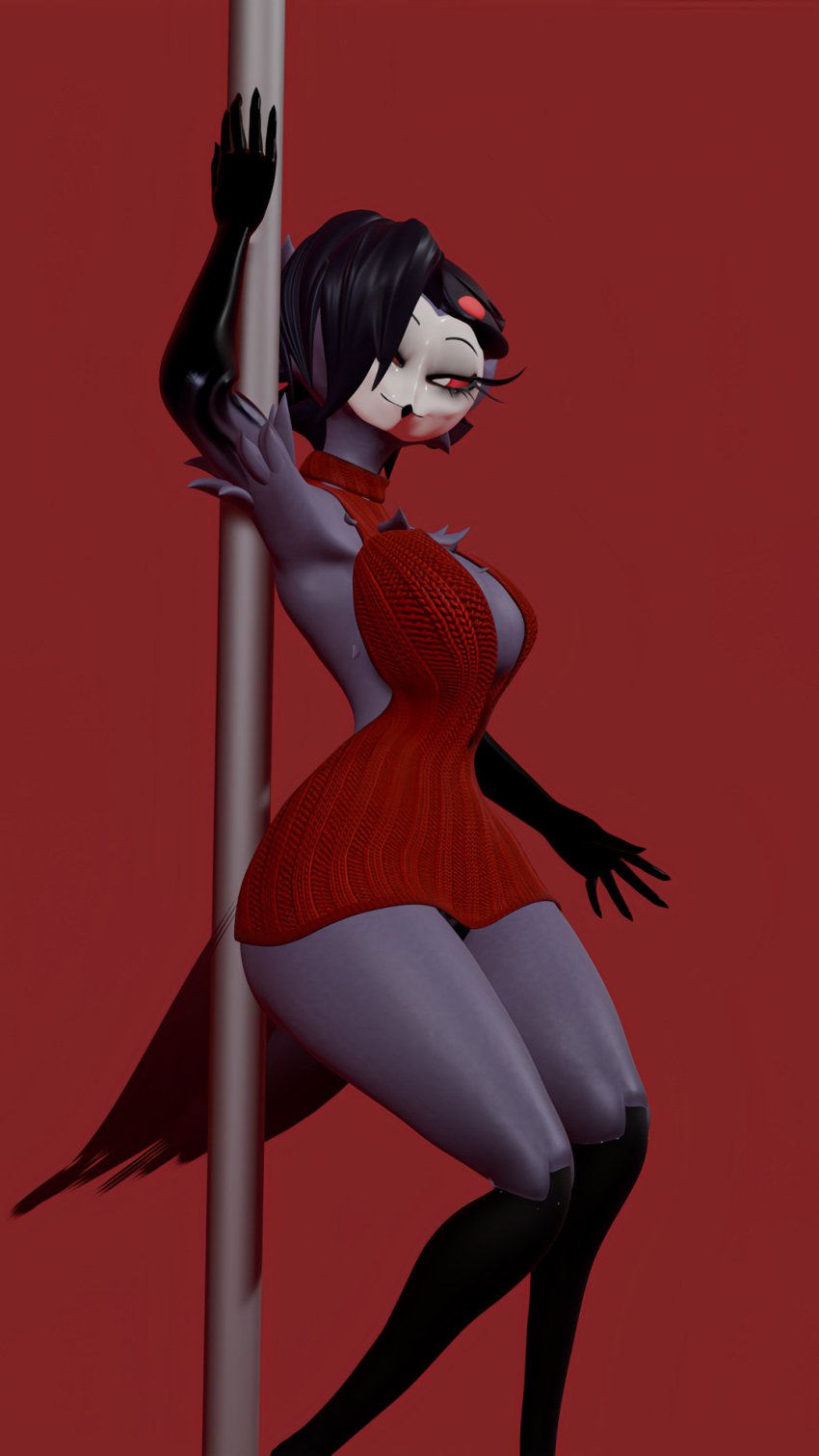 3d anthro ass big_ass big_breasts big_hips bird black_hair black_panties black_underwear breasts clothing female female_focus female_only furry furry_only helluva_boss hips kivi976 looking_at_viewer looking_back owl owl_demon panties red_clothing red_eyes rule_63 short_hair smile solo solo_female solo_focus stolas_(helluva_boss) striptease underwear