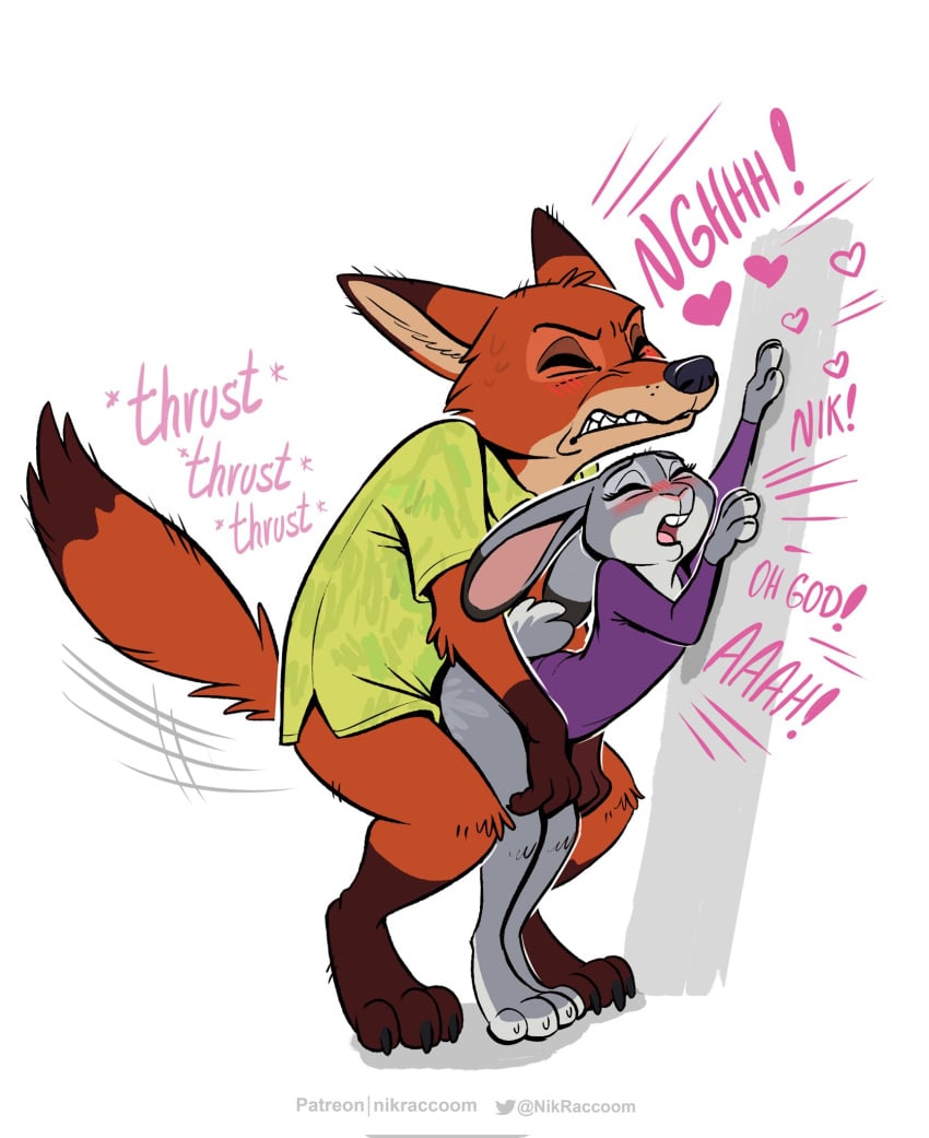 2024 against_surface against_wall anthro artist_name blush bottomless buckteeth canid canine closed_eyes clothed clothing dialogue disney duo european_rabbit female fox from_behind_position hand_on_leg hand_on_thigh heart heart_symbol hi_res judy_hopps lagomorph leporid looking_pleasured male male/female mammal motion_lines nick_wilde nikraccoom oryctolagus rabbit red_fox scut_tail sex short_tail sound_effects straining tail teeth thrusting topwear true_fox zootopia