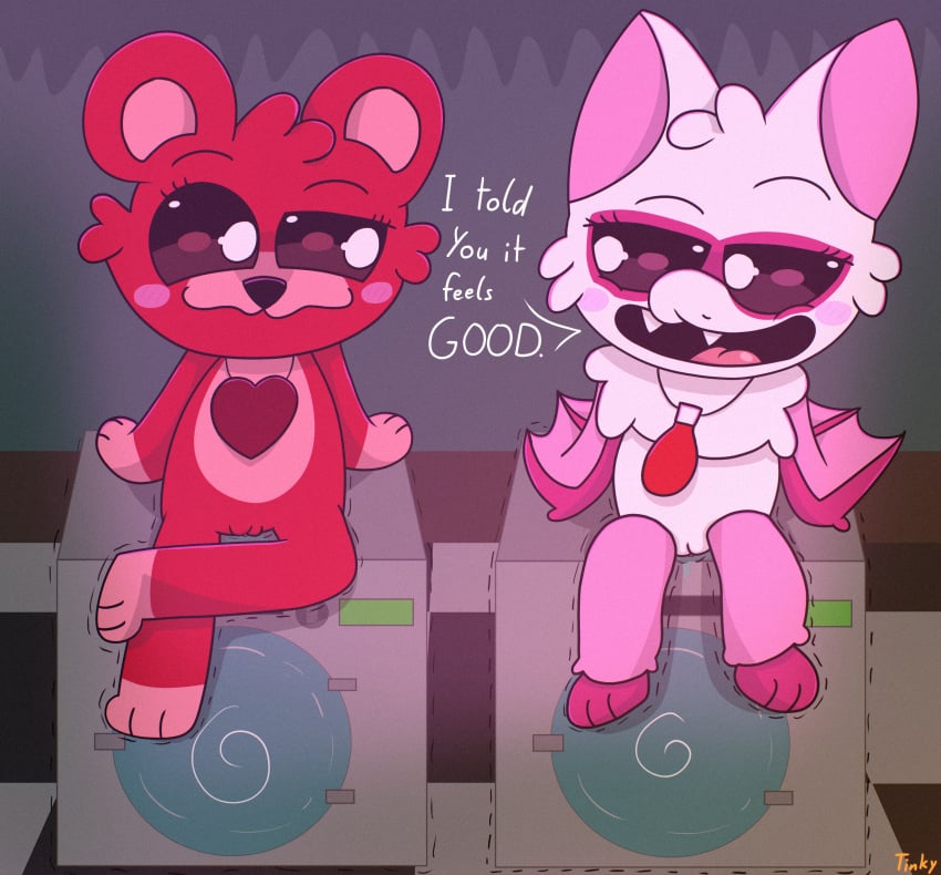 absurd_res anthro appliance bat bear blush blush_lines bobby_bearhug bodily_fluids duo ears_up fangs female female/female fur genital_fluids genitals hi_res jewelry laundry_machine looking_at_another looking_pleasured mammal mob_entertainment motion_lines necklace open_mouth pink_body pink_fur poppy_playtime pussy rabie_baby_(poppy_playtime) red_body red_fur smile smiling_critters smirk teeth teeth_showing tinky tongue vaginal_fluids washing_machine white_body white_fur