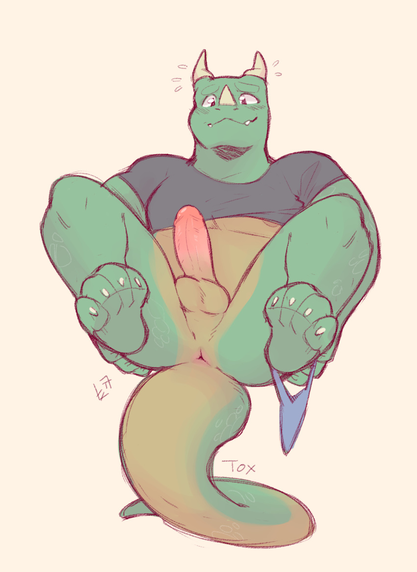 anthro anus balls blush clothed clothing dragon genitals green_body greendragontea hi_res humanoid_genitalia humanoid_penis male male/male nose_horn partially_clothed penis presenting presenting_anus raised_leg scalie solo tohfu tox_(greendragontea) underwear western_dragon