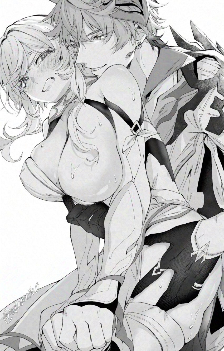 1boy1girl akamoto0 ambiguous_consent angry angry_face big_breasts blush childe_(genshin_impact) genshin_impact groping_from_behind lumine_(genshin_impact) male/female smirk straight tartaglia_(genshin_impact) undressing_partner