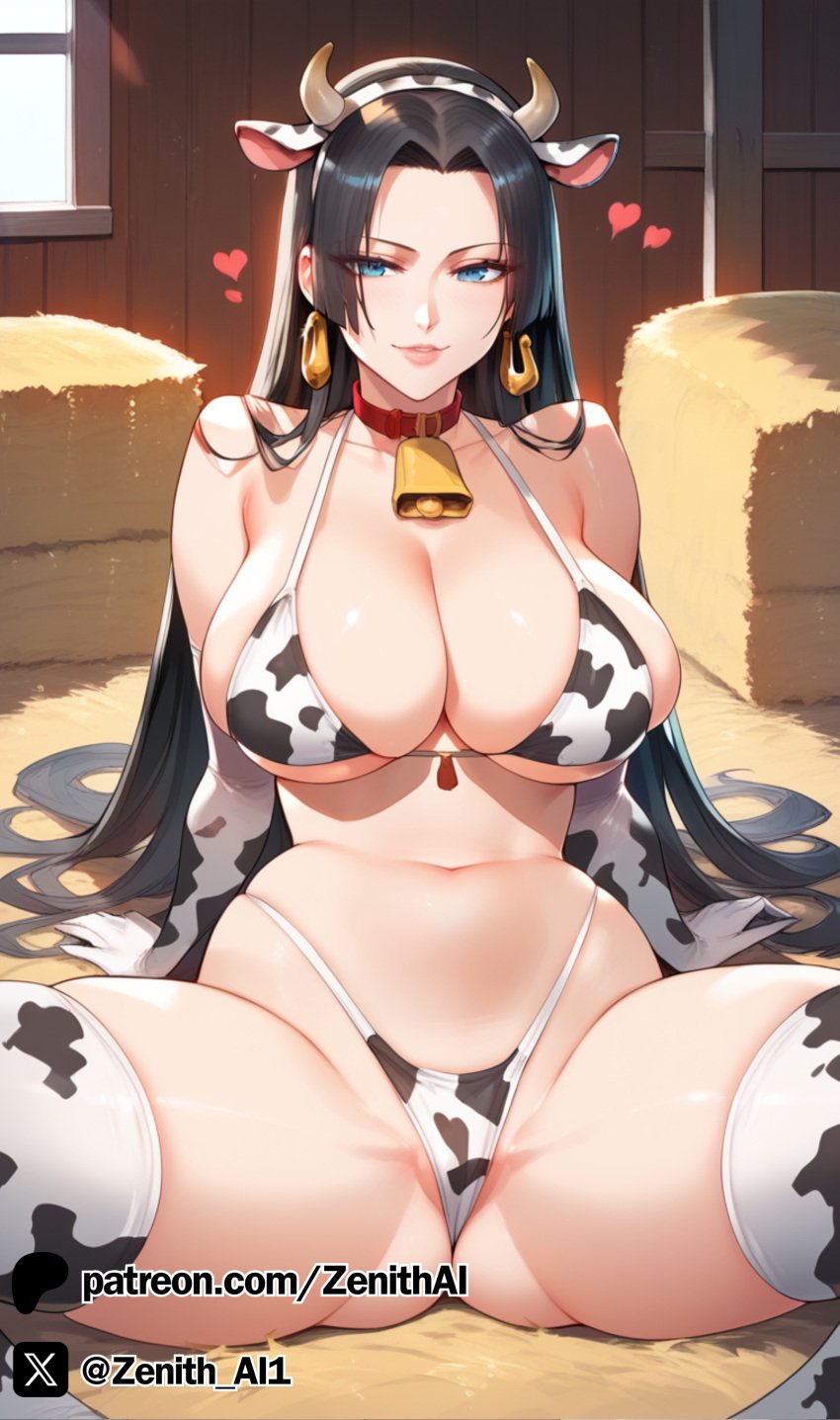 ai_generated asking_for_it barn bell bell_collar big_breasts bikini black_hair blue_eyes boa_hancock breasts cow_bell cow_ears cow_girl cow_horns cow_print cow_print_bikini earrings fake_animal_ears fake_horns female female_only hairband heart hourglass_figure huge_breasts jewelry large_breasts long_hair looking_at_viewer one_piece pussy seductive seductive_look seductive_smile solo solo_female spread_legs spreading thick_thighs thighs thong waist zenithai