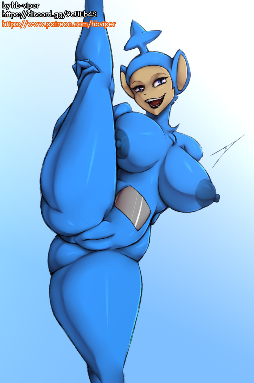 antennae artist_signature ass beauty_mark big_breasts blue_eyes breasts brown_skin fan_character female female_only hb-viper holding_leg_up large_breasts legs_up light_blue_fur meme open_smile presenting puffy_nipples pussy simple_background slendytubbies solo teletubbies teletubby thick_thighs