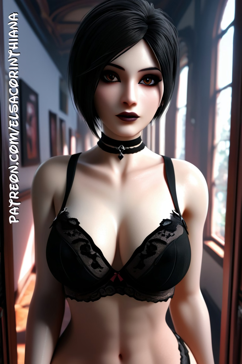 1woman ada_wong ai ai_art ai_generated big_breasts black_bra black_panties bra brunnette elsacorinthiana female gothic gothic_girl hallway horny horny_female obscured_penetration panties patreon patreon_link posing posing_for_the_viewer resident_evil resident_evil_2 resident_evil_2_remake semi_nude standing