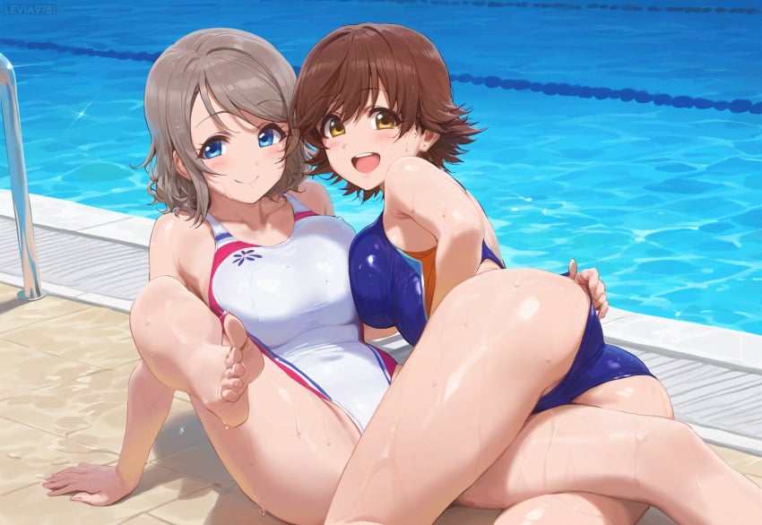 ai_generated ass blue_eyes breasts brown_hair competition_swimsuit honda_mio idolmaster large_breasts legs love_live! love_live!_sunshine!! multiple_girls one-piece_swimsuit short_hair swimsuit the_idolm@ster thighs watanabe_you yellow_eyes