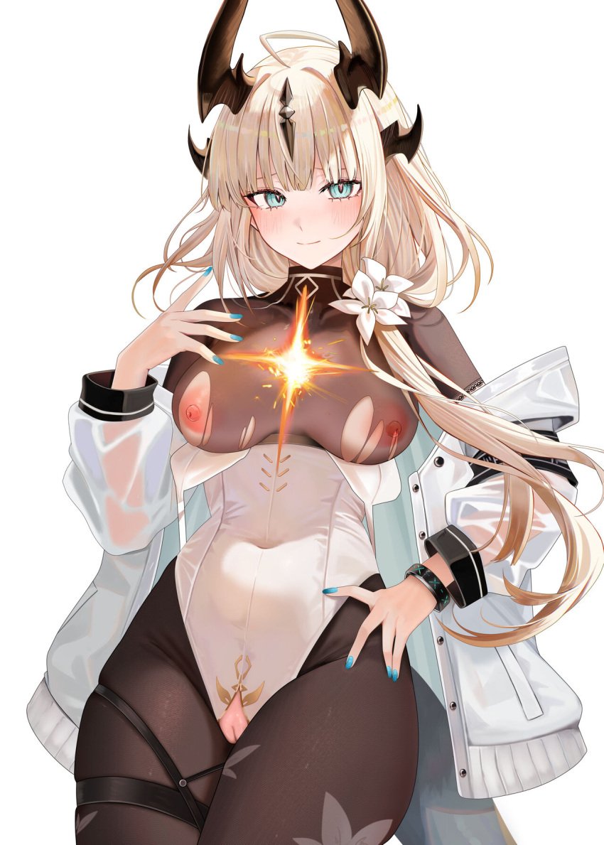 1girls arknights big_breasts blonde_hair blonde_hair blush breasts flower flower_in_hair horns light-skinned_female light_skin long_hair looking_at_viewer nipples no_bra no_panties pantyhose reed_(arknights) ru_zhai simple_background smile solo standing torn_clothes torn_clothing white_background