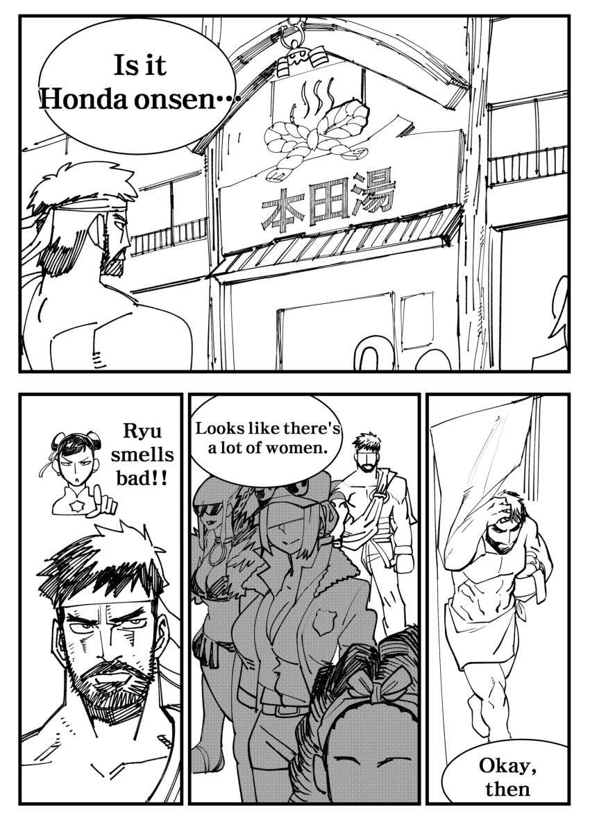 1boy 4girls beard chun-li comic dialogue facial_hair headband hotsaurus kimberly_jackson lucia_morgan manon_legrand monochrome multiple_girls onsen ryu_(street_fighter) street_fighter text text_bubble towel