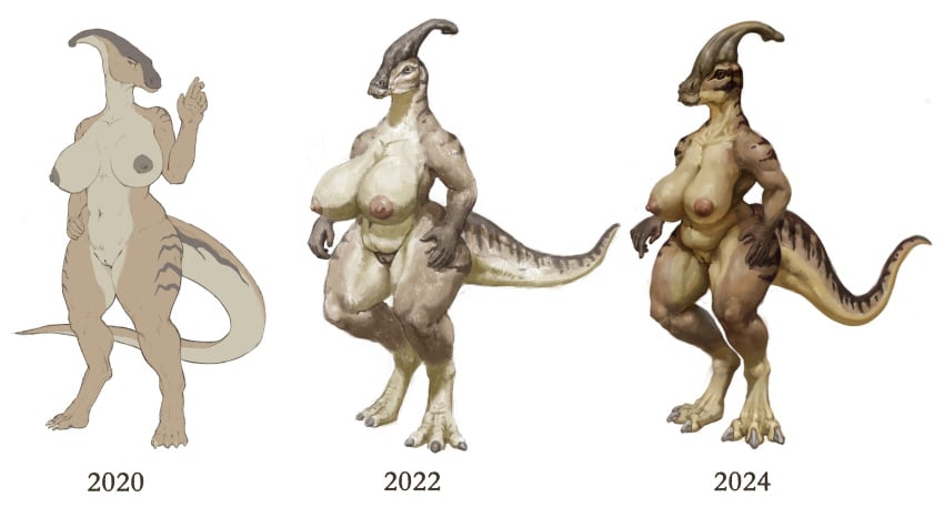 2020 2022 2024 absurd_res anthro areola belly big_breasts breasts digital_media_(artwork) dinosaur female genitals hadrosaurid hi_res navel nipples nude ornithischian ornithopod pangaea_(upai) parasaurolophus prehistoric_species pussy reptile scalie standing tail text thick_thighs upai