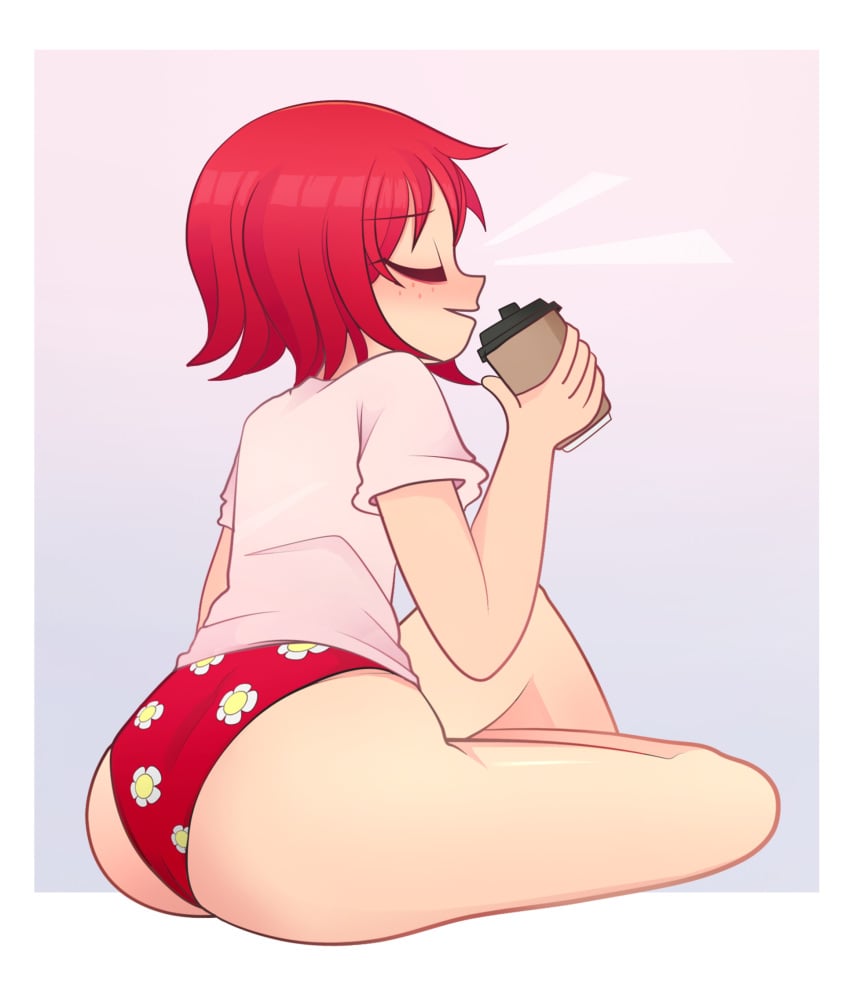 1girls arkeus arm_up ass ass_focus booty closed_eyes cup drink female flower freckles full_body holding_object kim_pine panties partially_clothed rear_view red_hair red_panties scott_pilgrim shirt short_hair solo solo_female