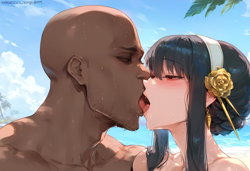 1boy 1girls ai_generated bald bangs beach black_hair blue_sky blush breasts cheating_(relationship) cheating_wife clothing cloud curvaceous curvaceous_female curvaceous_figure curvy curvy_figure dark-skinned_male dark_skin day earrings faceless faceless_male facial_hair female female female_focus flower french_kiss gold_hairband hair_flower hair_ornament hairband half-closed_eyes headwear husband_and_wife interracial jewelry kissing large_breasts loid_forger long_hair looking_at_another male muscle muscular_male nakatori netorare nipples ntr nude ocean open_mouth outdoors palm_tree penis red_eyes rose saliva sidelocks sky spy_x_family straight sweat tongue tongue_out tree uncensored voluptuous voluptuous_female water wet yor_briar yor_forger