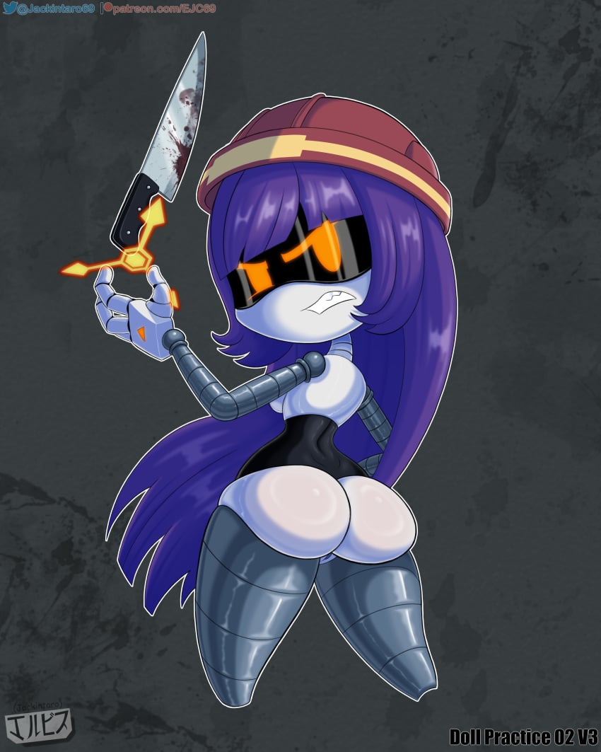 ass ass_focus digital_media_(artwork) doll_(murder_drones) fanart glitch_productions helmet jackintaro knife looking_at_viewer murder_drones nude purple_hair red_eyes robot robot_girl simple_background teeth worker_drone