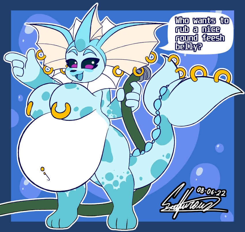 2022 3_toes 4_fingers anthro anthrofied barefoot belly big_belly big_breasts biped black_eyes blue_background blue_body breasts dated digital_drawing_(artwork) digital_media_(artwork) ear_piercing ear_ring eeveelution featureless_breasts feet female fingers full-length_portrait furgonomics furry-specific_piercing generation_1_pokemon ghostlyfoxy happy hi_res hose hose_inflation inflation looking_at_viewer markings navel navel_piercing nintendo nipple_piercing nipples nude open_mouth piercing pokemon pokemon_(species) portrait ring_piercing signature simple_background simple_coloring solo speech_bubble tail tail_piercing text thick_thighs toes vaporeon wide_hips