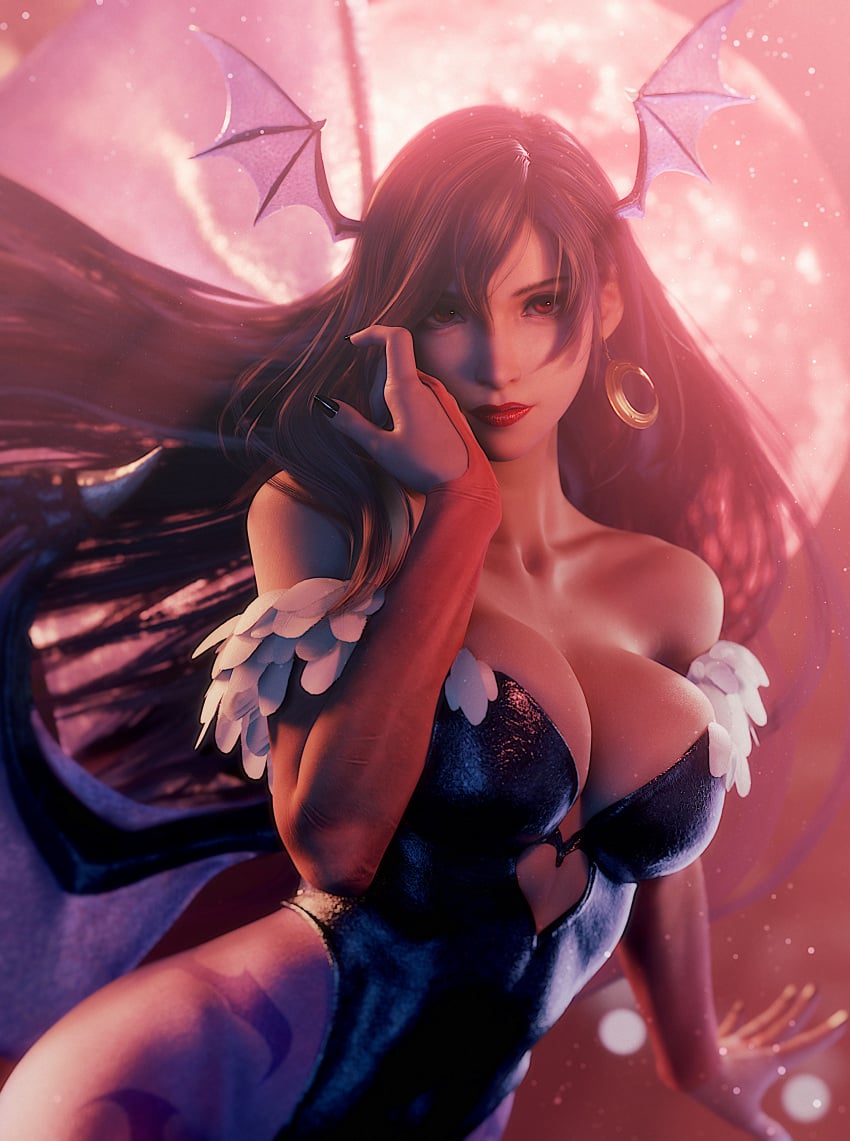 1girls 3d big_breasts black_nails blender breast_cutout breasts demon_girl earrings female female_only final_fantasy final_fantasy_vii final_fantasy_vii_remake full_moon halloween highres large_breasts leotard long_hair long_nails looking_at_viewer moonlight morrigan_aensland_(cosplay) night outdoors red_eyes red_lipstick ria-neearts succubus tifa_lockhart wings