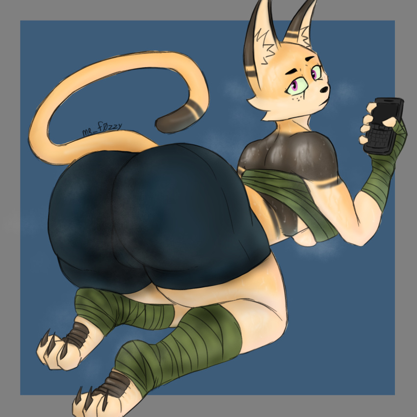 anthro ass bandage big_butt bodily_fluids clothed clothing felid feline female hi_res holding_object huge_butt looking_at_viewer looking_back mammal mrf0zzy paws serval solo sweat sweat_clouds sweaty_butt thick_thighs wide_hips