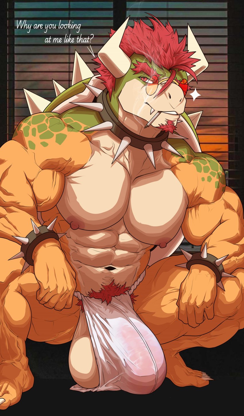 2024 abs absurd_res anthro areola asian_clothing balls barazoku barefoot beard biceps big_balls big_bulge big_muscles big_pecs bowser bracelet bulge cigarette claws clothed clothing collar crouching deltoids east_asian_clothing english_text eyebrows eyewear facial_hair feet fundoshi fundoshi_only genitals ggan_ggandi glasses hair hi_res horn huge_balls huge_bulge huge_muscles huge_pecs inside japanese_clothing jewelry kemono koopa looking_at_viewer male male_only mario_(series) muscular muscular_anthro muscular_male navel nintendo nipples non-mammal_balls non-mammal_nipples overweight_male pecs pubes saggy_balls scalie serratus shell smile smoke smoking solo solo_male sparkles spiked_bracelet spiked_collar spiked_shell spikes spikes_(anatomy) talking_to_viewer text thick_arms thick_thighs topless topless_anthro topless_male underwear underwear_only vein window