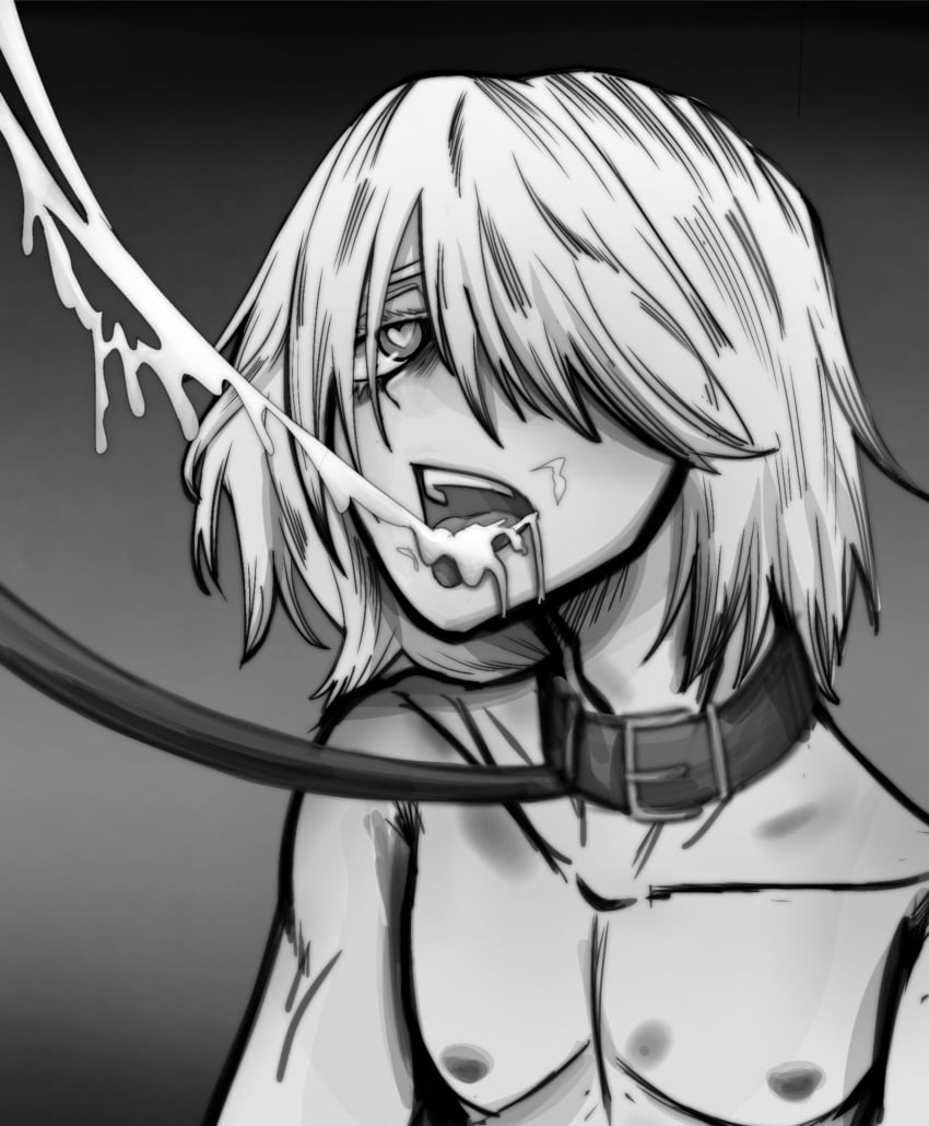 artist_request black_and_white blurred_background blurry collar cum cum_drip cum_in_mouth femboy heart-shaped_pupils hickey hickey_marks leash monochrome my_hero_academia naked no_color one_eye_covered open_mouth sketch skinny yoichi_shigaraki