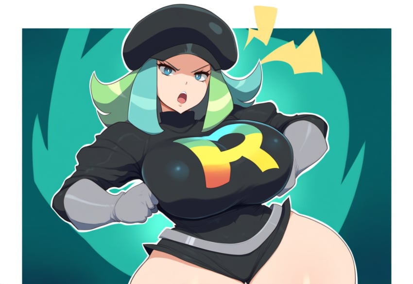 ai_generated green_hair hands_on_hips huge_breasts mullon novelai pokemon pokemon_sm solo team_rainbow_rocket team_rainbow_rocket_grunt_(female) wide_hips