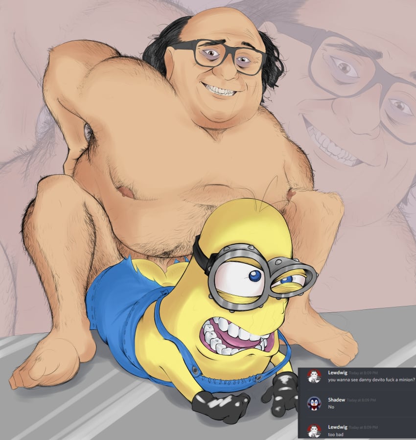 absurd_res ambiguous_gender anal bald blue_eyes clothing crossover danny_devito despicable_me discord duo english_text eyewear forced from_behind_position gay glasses gloves goggles hairy handwear hi_res human humanoid illumination_entertainment lewdwig male male_focus male_only mammal minion minions_(film) nipples overalls overweight profanity rape sex teeth text what yellow_body