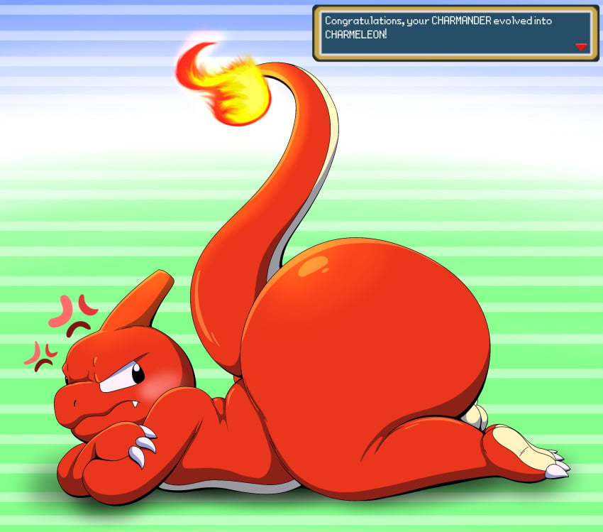 2024 absurd_res angry anthro ass balls barely_visible_balls barely_visible_genitalia big_butt blush charmeleon claws cross-popping_vein crossed_arms evolution_(transformation) fire flaming_tail gameplay_mechanics generation_1_pokemon genitals hi_res looking_back lying male male_focus male_only nintendo on_front pokemon pokemon_(species) solo tail tail_flame tepigfan101 thick_thighs transformation