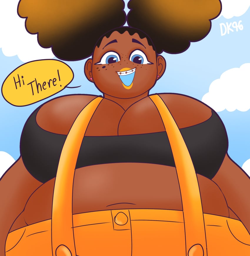 1girl afro_puffs belly big_belly big_breasts braces breasts chubby chubby_belly chubby_female cleavage daisykitty96 dark-skinned_female dialogue female looking_at_viewer looking_down melody_(daisykitty96) overalls pov remake solo speech_bubble