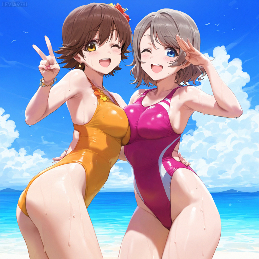 ai_generated ass blue_eyes breasts brown_hair competition_swimsuit honda_mio idolmaster large_breasts legs love_live! love_live!_sunshine!! multiple_girls one-piece_swimsuit short_hair swimsuit the_idolm@ster thighs watanabe_you yellow_eyes