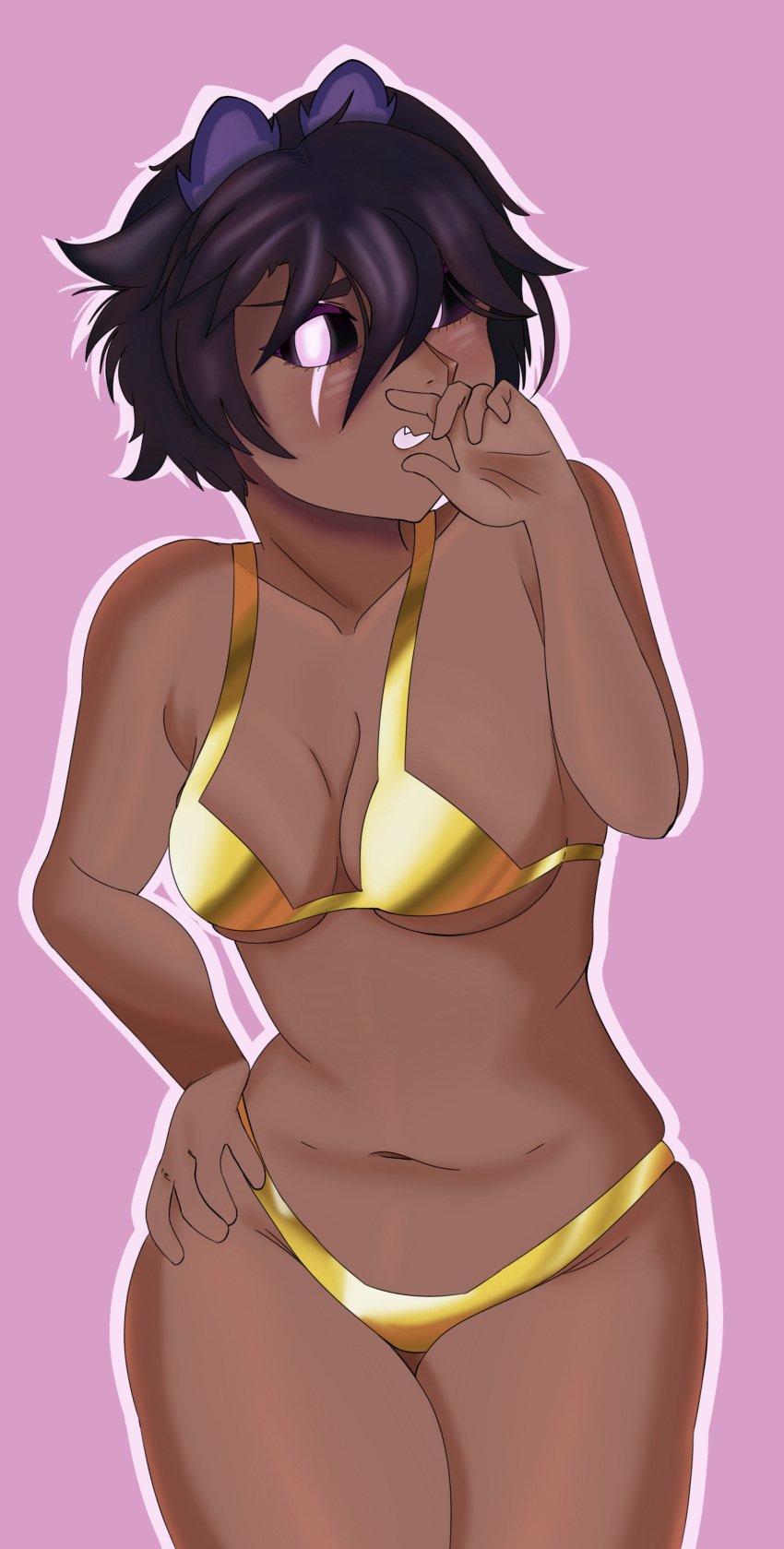 bikini bikini_bottom bikini_top black_body black_hair breasts dark-skinned_female dark_hair dark_skin ear fortnite fortnite:_battle_royale golden_bikini hand_on_hip hoodless_raven_team_leader large_thighs leaning_forward looking_at_viewer macky06_(artist) open_mouth purple_eyes raven_team_leader scar scar_on_face slightly_chubby slightly_chubby_female smile smug smug_face teasing thick_thighs