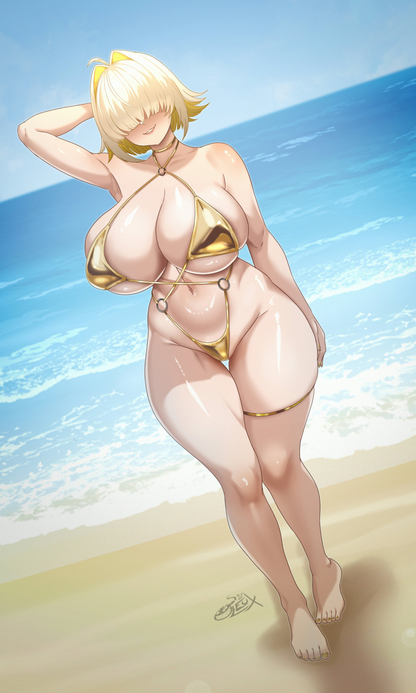 1girls alternate_version_available beach big_breasts bikini blonde_hair breasts cleavage elegg_(nikke) feet female female_only full_body goddess_of_victory:_nikke gold_bikini hair hair_over_eyes hand_behind_head hips huge_breasts legs leux_21 neckwear short_hair skimpy skimpy_bikini smile solo solo_female swimwear thick_thighs thigh_strap thighs wide_hips