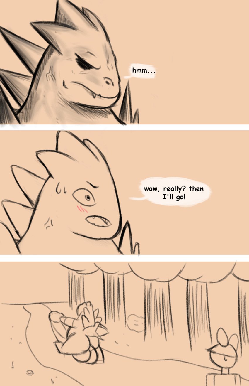 anthro balls big_penis blush comic duo english_text generation_2_pokemon genitals hi_res human jovi_cap leaving male mammal nintendo penis plant pokemon pokemon_(species) text tree tyranitar vein