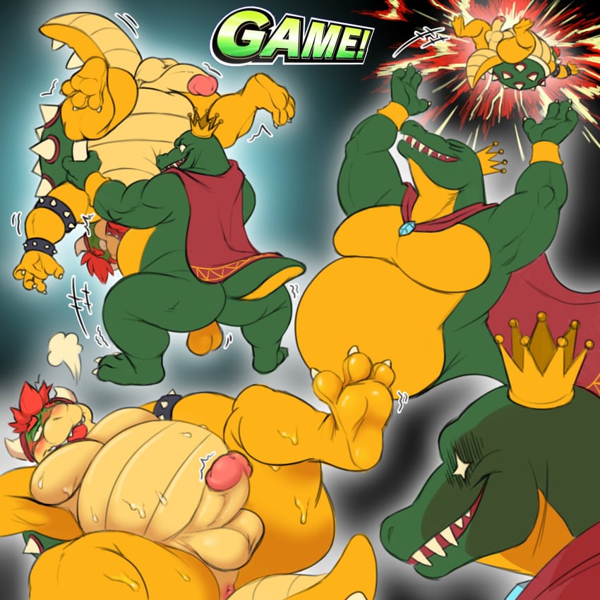 2024 absurd_res anthro anthro_on_anthro anus armband ass backsack balls belly blush bodily_fluids bowser bracelet cape claws clothing crocodilian crouching crown donkey_kong_(series) duel duo english_text erection eyebrows fetishame fight genitals glans hair headgear hi_res horn humanoid_genitalia humanoid_penis imminent_sex jewelry k_rool koopa kremling lying male male/male mario_(series) moobs motion_lines multiple_scenes musclegut muscular muscular_anthro muscular_male nintendo non-mammal_balls nude on_back open_mouth open_smile overweight overweight_anthro overweight_male pecs penis reptile saggy_balls scalie shell simple_background smile spiked_armband spiked_bracelet spiked_shell spiked_tail spikes spikes_(anatomy) spread_legs spreading standing super_smash_bros. super_smash_bros._ultimate sweat tail teeth text throwing throwing_character tongue