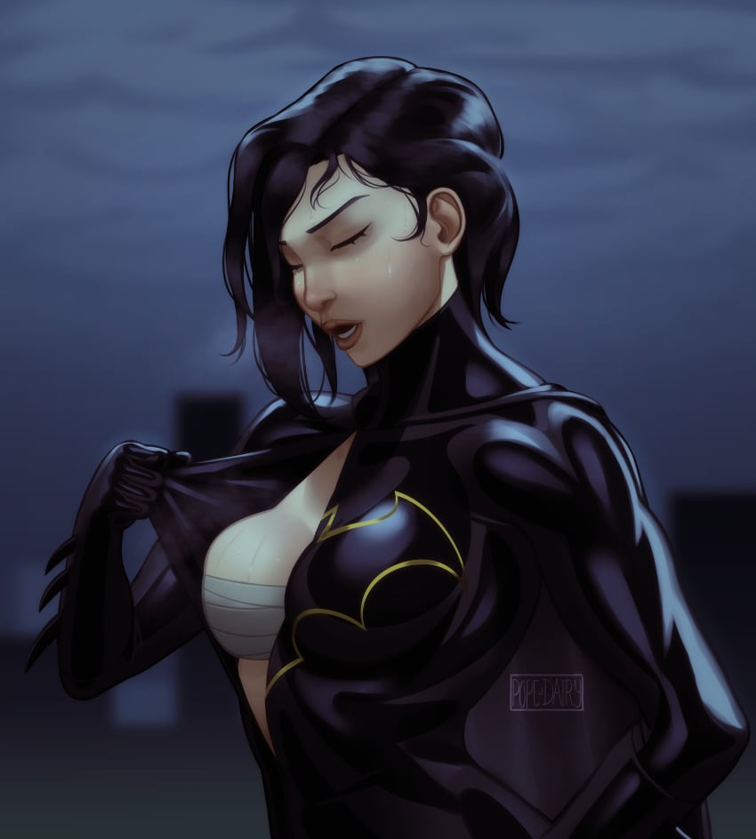 1girls asian asian_female bat_symbol batgirl batgirl_(cassandra_cain) batman_(series) black_hair bra breasts cassandra_cain chinese_female dairy_pope dc dc_comics female female_focus female_only heroine light-skinned_female light_skin open_suit solo solo_female solo_focus superheroine