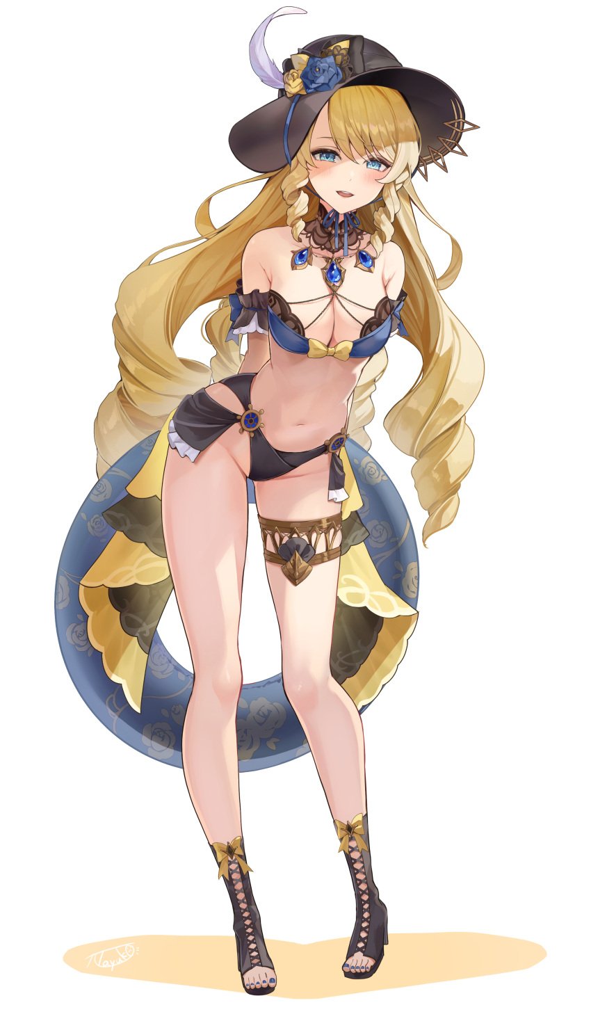 1girls 2d 2d_(artwork) alternate_costume arms_behind_back belly_button bikini bikini_bottom bikini_top blonde_hair blue_eyes blush cleavage day female female_focus female_only front_view full_body genshin_impact hay high_resolution highres holding_object jewelry light-skinned_female light_skin long_hair looking_at_viewer medium_breasts navel navia_(genshin_impact) paitayu simple_background slim_girl smiling smiling_at_viewer solo solo_female solo_focus standing summer swimsuit thong thong_bikini two_piece_swimsuit white_background young younger_female