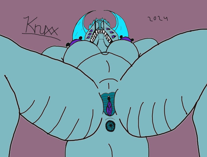 alien anus belly big_belly big_breasts breasts female genitals hi_res horn humanoid kruuxx monster multi_eye niix nipple_piercing nipples piercing pussy scalie solo tail teeth thick_thighs