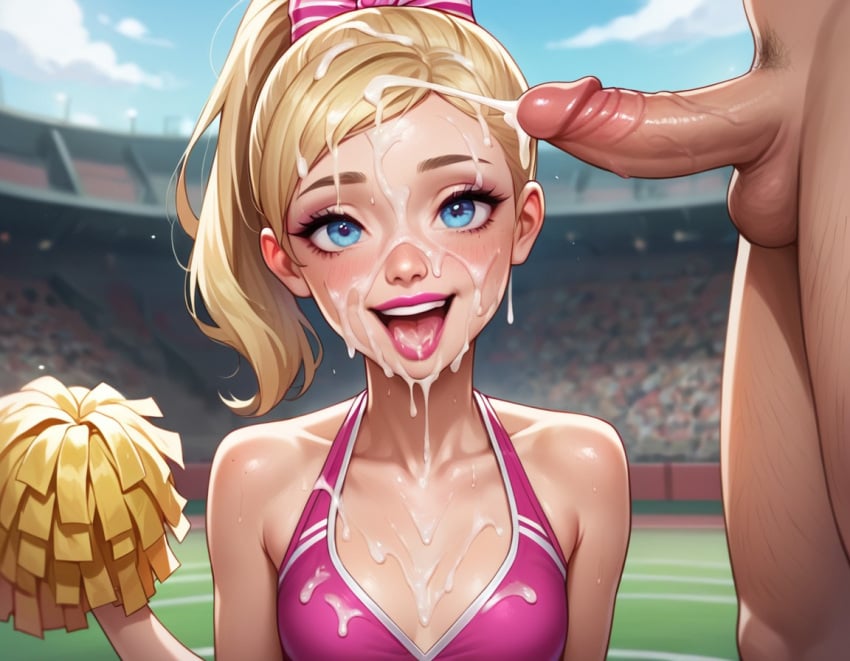 1girl 1girl1boy 1girls ai_generated blonde_female blonde_hair blonde_hair_female blue_eyes cheerleader cheerleader_outfit cheerleader_uniform clothed_female_nude_male cum cum_on_clothes female_focus pom_poms ponytail public public_humiliation public_sex public_use stadium stadium_background wreckedai yodayo