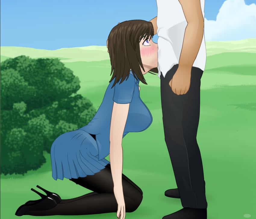 1boy 1girls :>= all_the_way_to_the_base background big_breasts black_pants blowjob blue_eyes blue_shirt blue_skirt blush brown_hair clothed_sex deepthroat deepthroat_holder eye_contact faceless_male fellatio female fringe hands-free high_heels initial_d kneeling konashion kyoko_iwase long_shirt looking_at_another male medium_hair on_knees oral pale-skinned_female pantyhose petite skirt slim super_deepthroat_game throat_bulge white_shirt